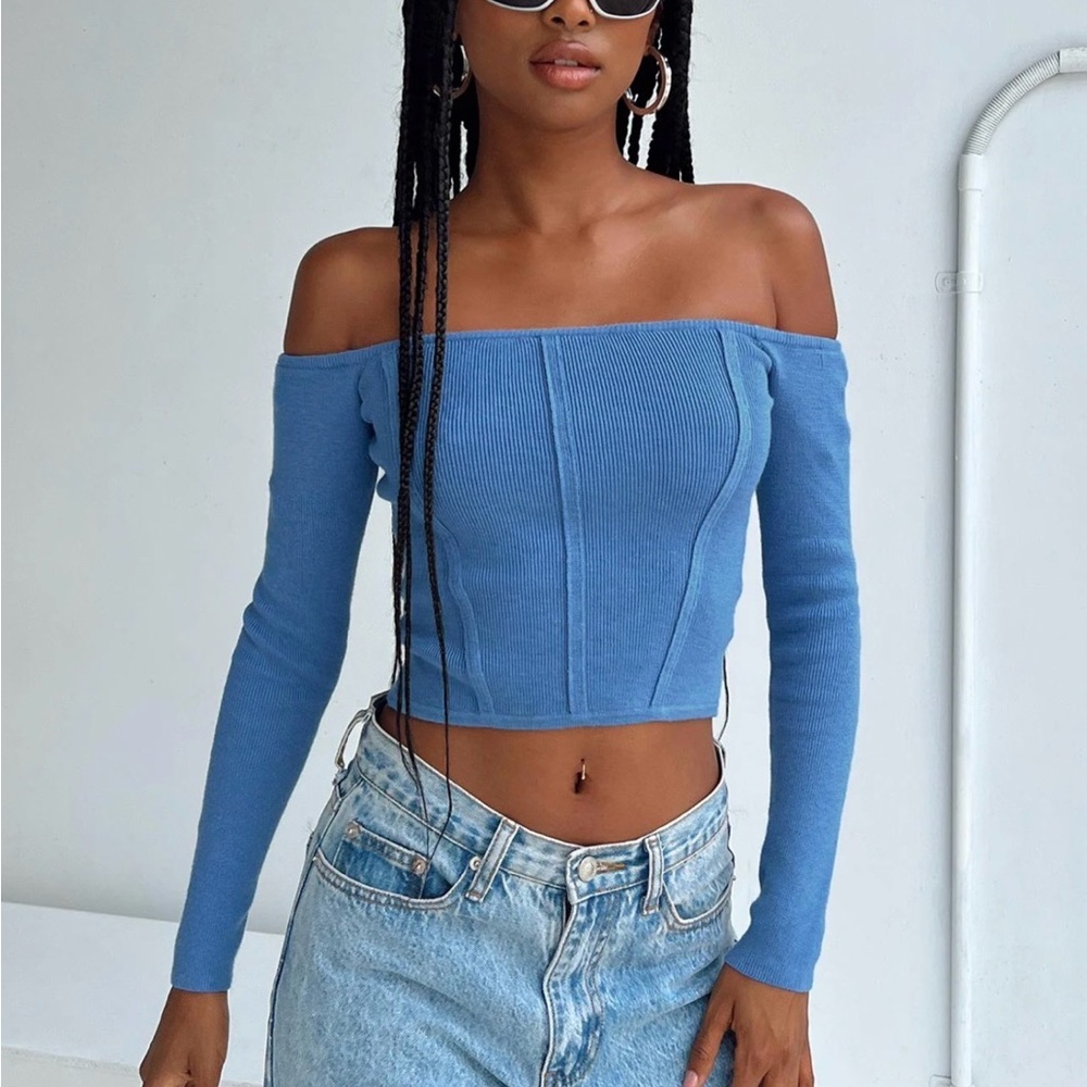 Princess Polly Corben Blue Off-Shoulder Knit Corset Crop Top